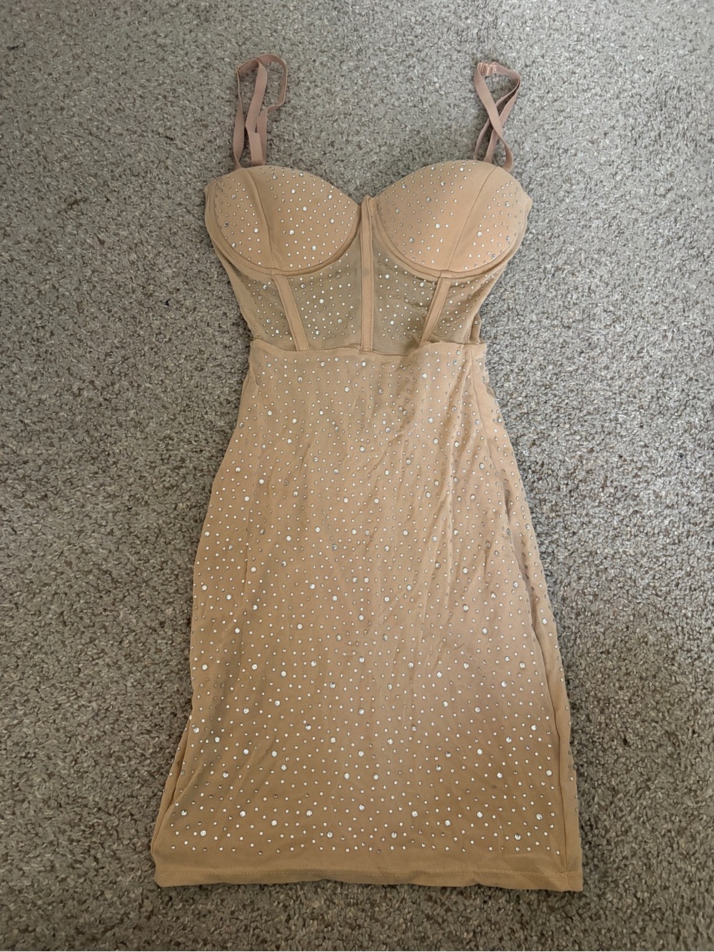 Windsor Nude Rhinestone Mesh Corset Mini Dress